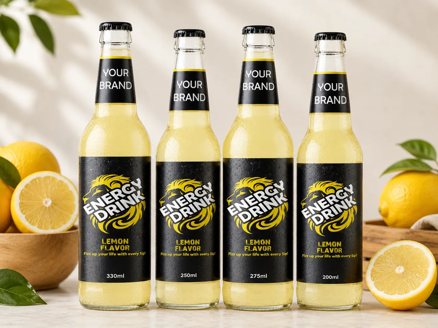 ENERGY DRINK Lemon flavored drink available in 330ml, 250ml, 275ml and 200ml glass bottles